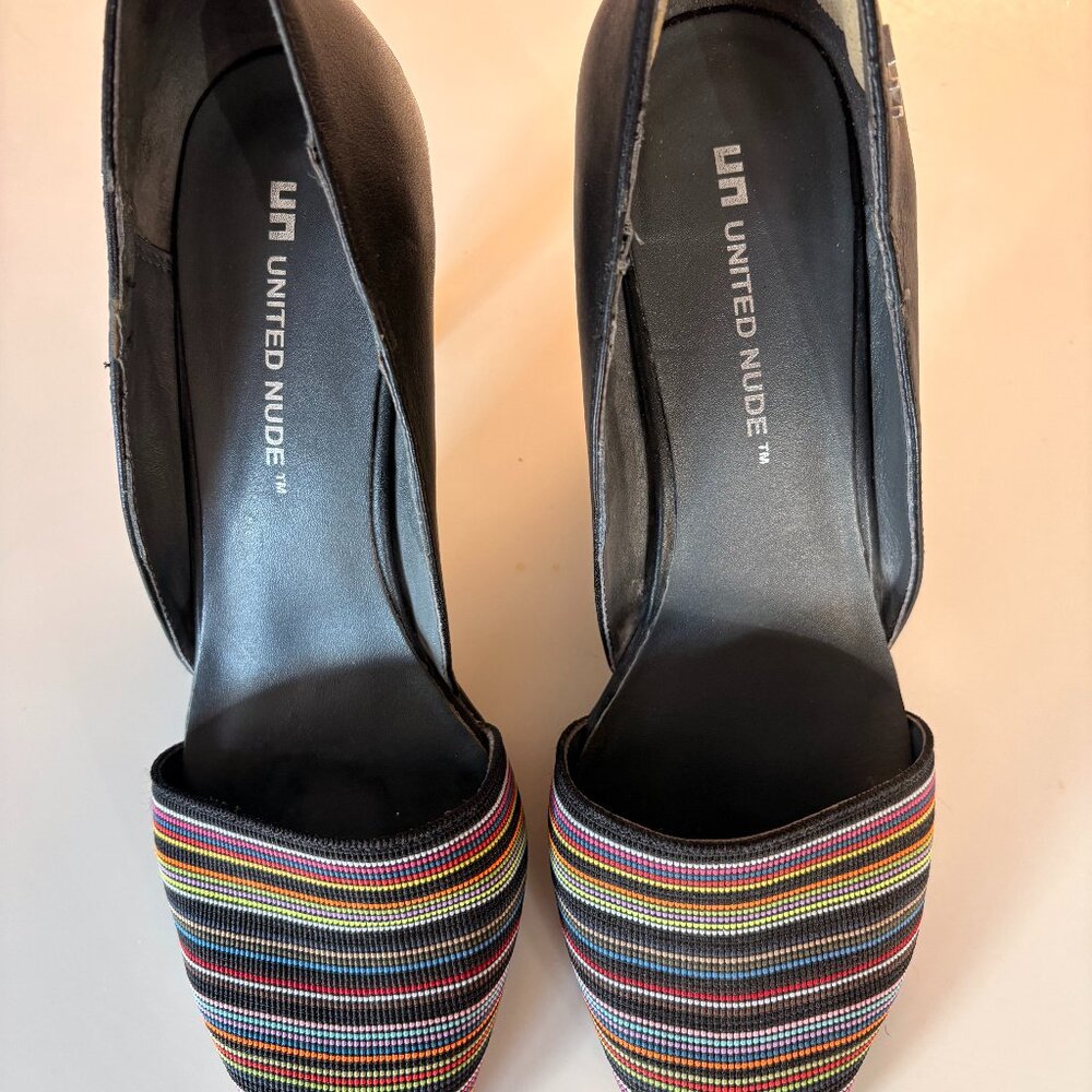 United Nude black heels with multi-striped toes